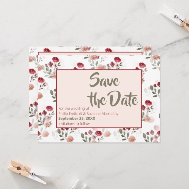 Invitation Faire part de mariage Burgundy Blush Sage Roses (Devant/Arrière en situation)