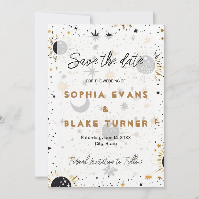 Invitation Faire part de mariage céleste noir et or  (Devant)