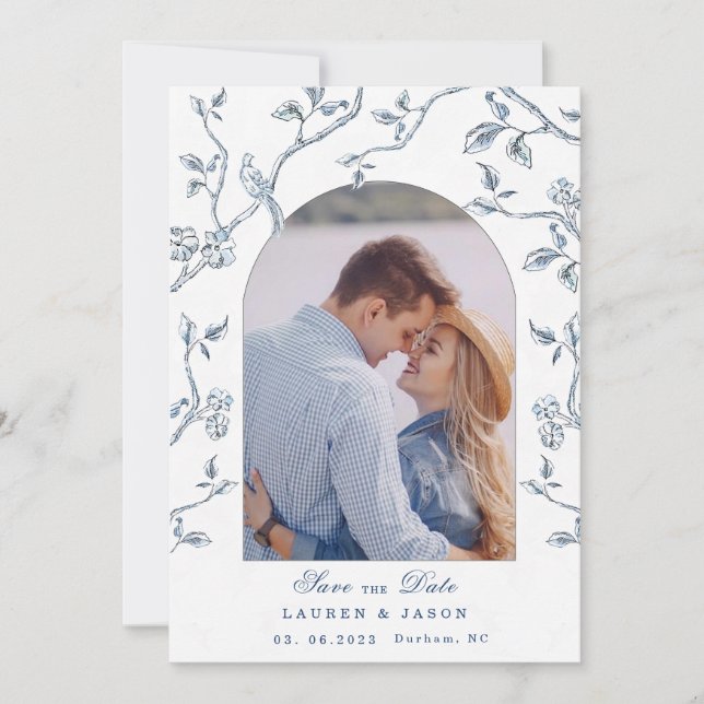 Invitation Faire part de mariage couple toile bleue et blanch (Devant)