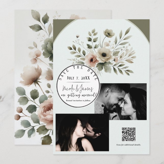 Invitation Faire part de mariage floral aquarelle vert olive  (Devant / Derrière)