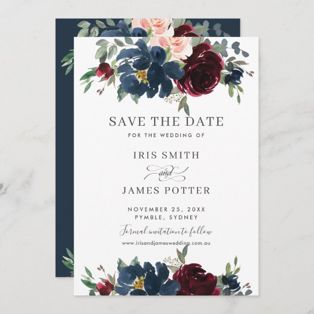 Invitation Faire part de mariage floral Burgundy Navy Blush (Devant / Derrière)