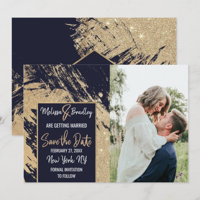 Invitation Faire part de mariage Gold Navy Blue Glitter Brush (Devant / Derrière)