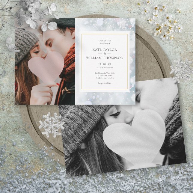 Invitation Faire part de mariage hivernal avec photos des pre (First Snowflakes Photos Winter Wedding Invitation)