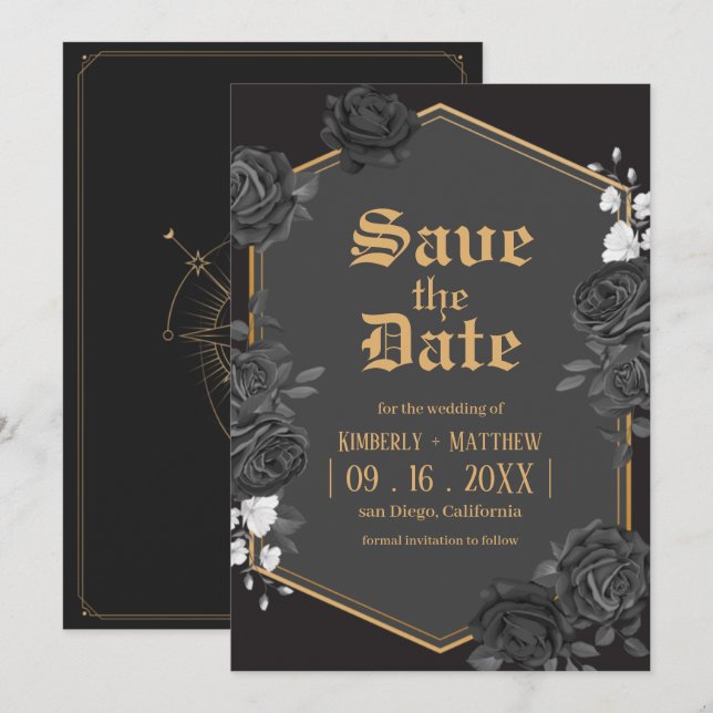 Invitation Faire part de mariage rose damassée noire Save The (Devant / Derrière)