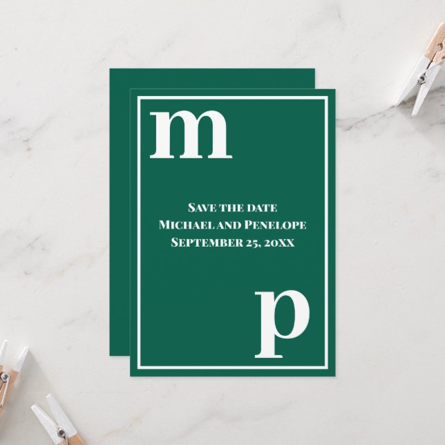 Invitation Faire part de mariage tendance à monogramme vert é (Devant/Arrière en situation)
