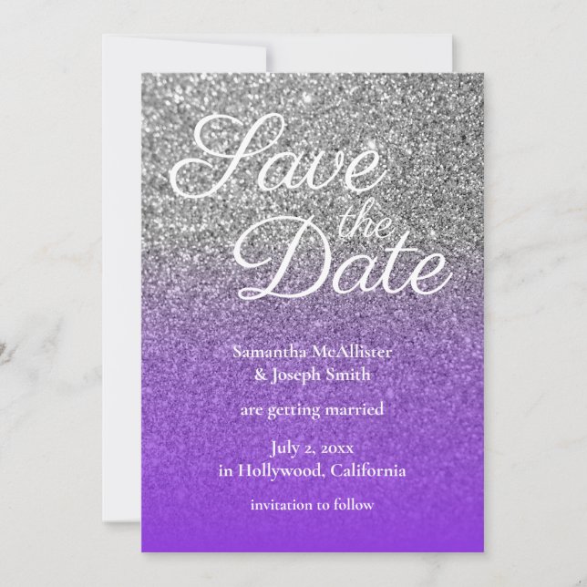 Invitation Faire part de mariage Violet Argent Ombré Pailleté (Devant)