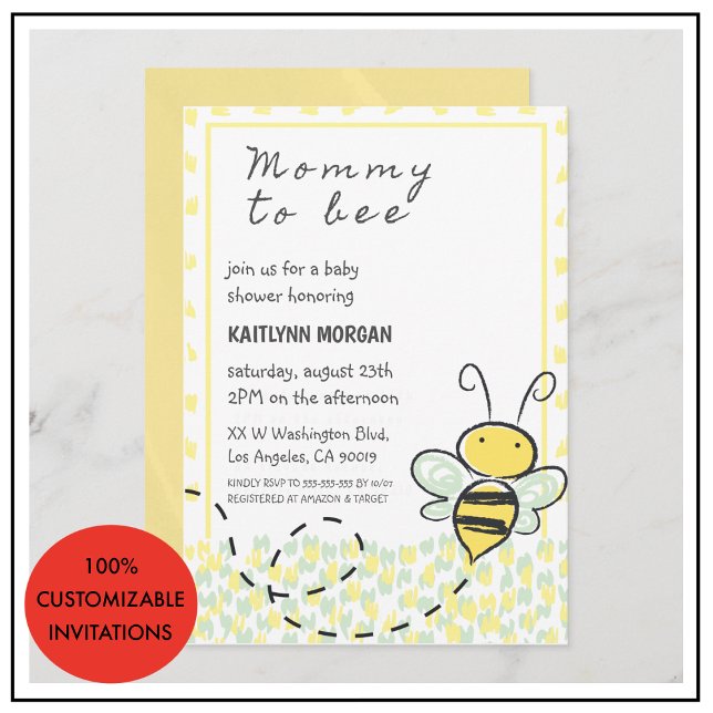 Invitation faire part de naissance bébé abeille jaune mixte (Bee baby shower invitations gender neutral yellow)