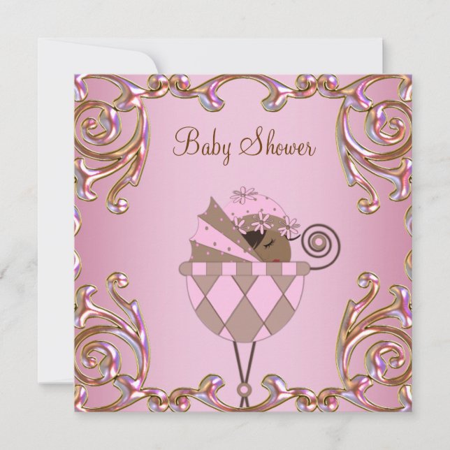 Invitation Faire part de naissance bébé fille Rose Marron Or  (Devant)
