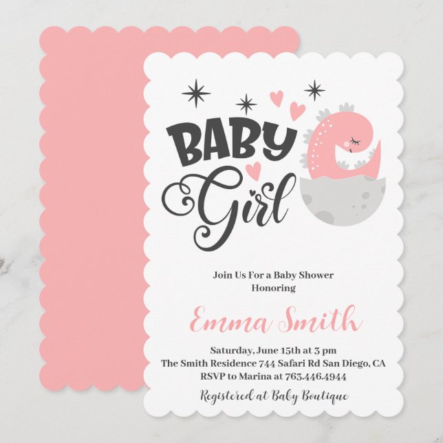 Invitation Faire part de naissance dinosaure pour bébé fille (Devant / Derrière)