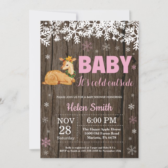 Invitation Faire part de naissance fille hiver cerf rustique (Devant)