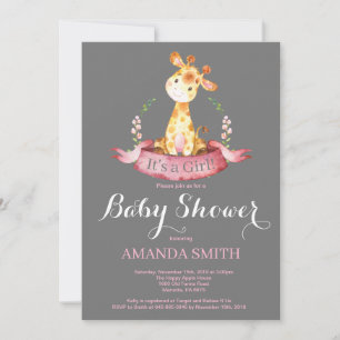 Invitation Faire part de naissance girafe fille rose et gris