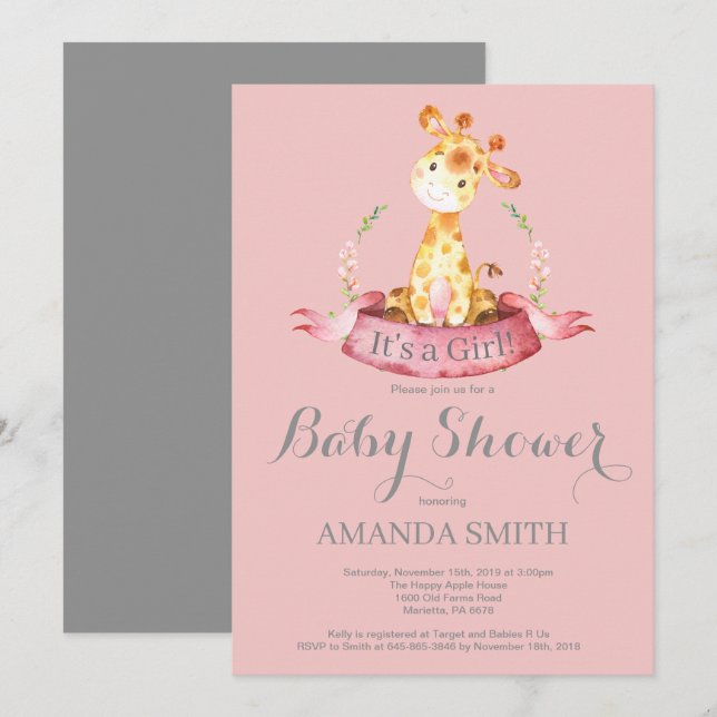 Invitation Faire part de naissance girafe fille rose et gris (Devant / Derrière)