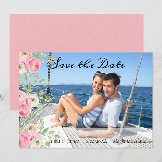 Invitation Faire part de Peach et floral vert avec photo (Devant / Derrière)