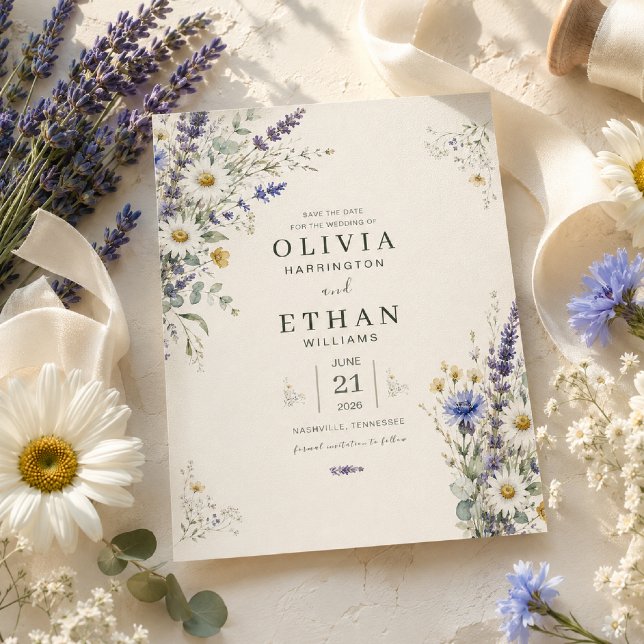 Invitation Faire part de pré-réservation Prairie de fleurs sa (Elegant Save the Date styled with fresh wildflowers and soft natural light.)