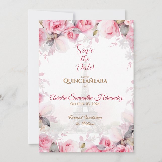 Invitation Faire part de Quinceañera Roses Florales Paris Ros (Devant)