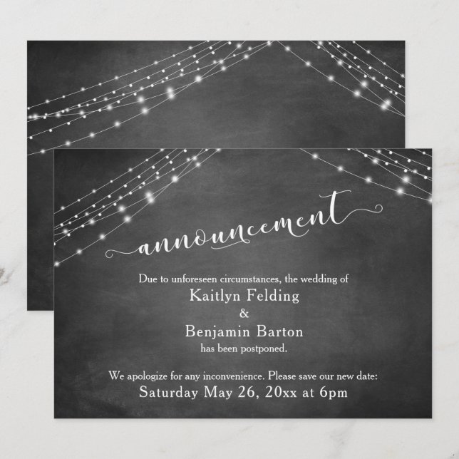 Invitation Faire part de report de mariage Chalkboard Lights (Devant / Derrière)