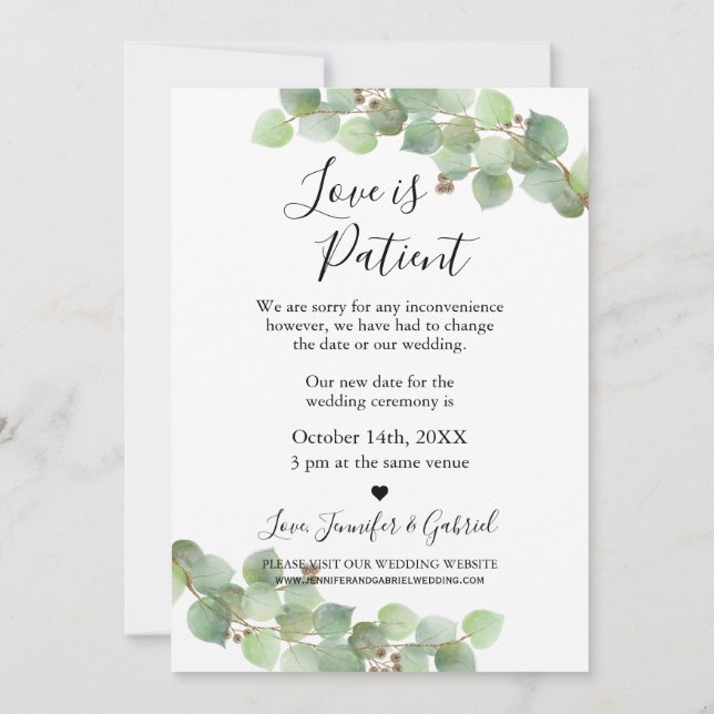 Invitation Faire part de report de mariage Love is Patient (Dos)