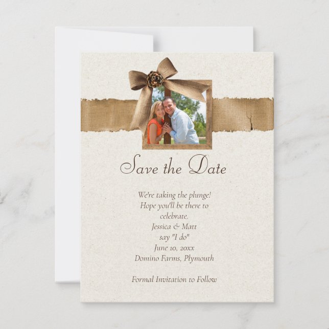 Invitation Faire part photo de toile de jute rustique  (Devant)