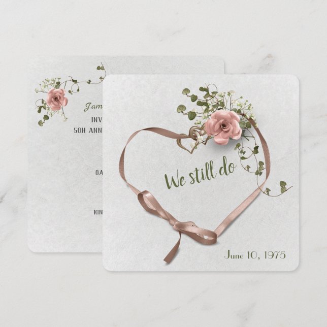 Invitation faire part rose et lierre anniversaire de mariage (Devant / Derrière)