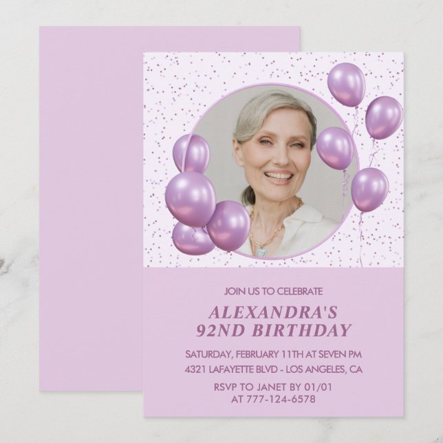Invitation Faire-photo-de-balloons-violets-pour-92e-anniversa (Devant / Derrière)