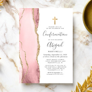 Invitation Faire Rose Agate Paillettes Or Fille Confirmation