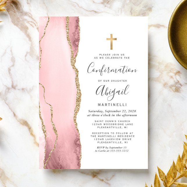Invitation Faire Rose Agate Paillettes Or Fille Confirmation (Créateur téléchargé)