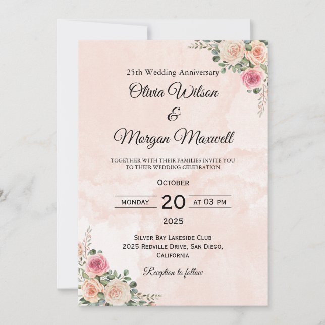 Invitation Faire rose crème floral mariage anniversaire  (Devant)