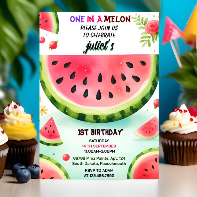 Invitation faire rose été un dans melon premier 1er anniversa (Créateur téléchargé)