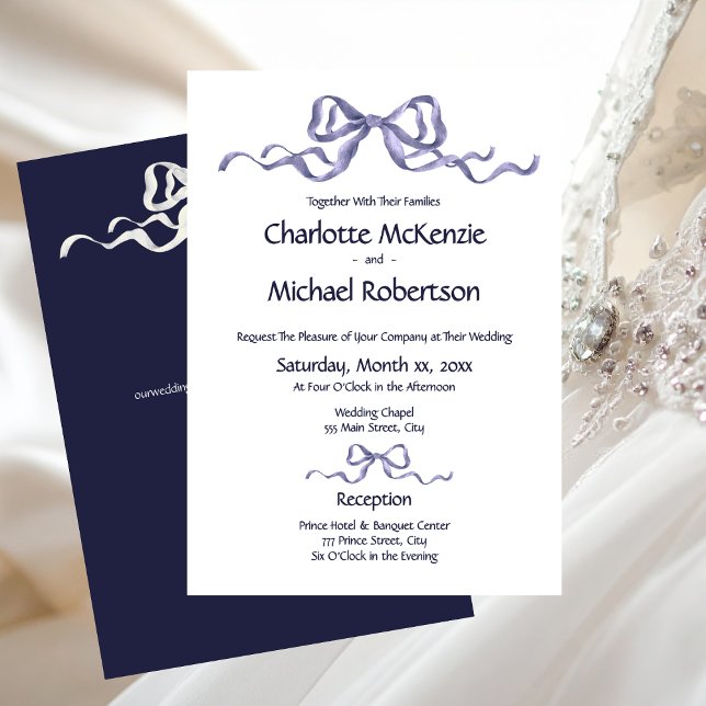 Invitation Faire Ruban Mariage Romantique Bleu Marine & Blanc (Elegant Ribbon Navy & White Romantic Wedding Invitation)