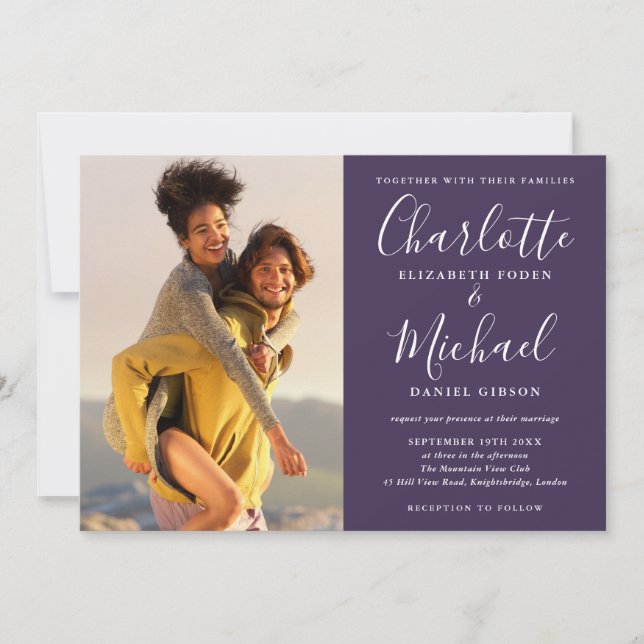 Invitation Faire signature de mariage photo violet Script (Devant)