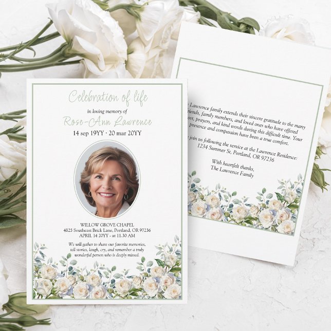 Invitation Faire Simple Eucalyptus Rose Blanche Photo Funérai (Créateur téléchargé)