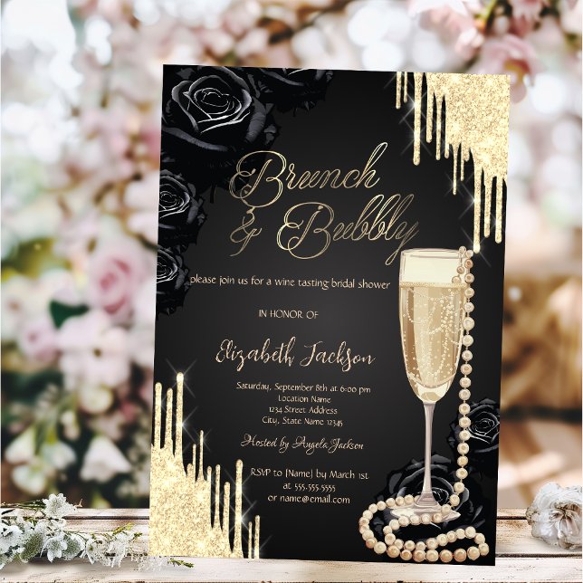 Invitation Faire tomber des perles Prosecco Roses noires Baby (Créateur téléchargé)
