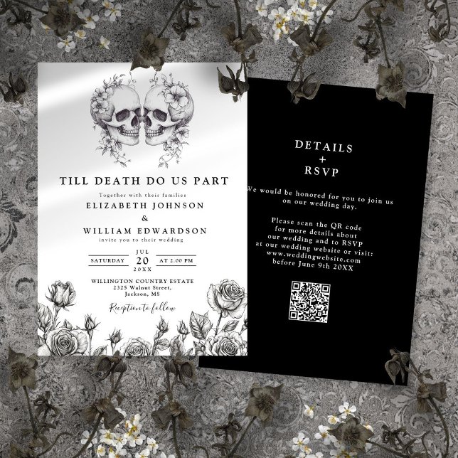 Invitation Faire tout jusqu'à la mort crâne gothique code QR  (All In One Till Death Gothic Skull QR Code Wedding Invitation)