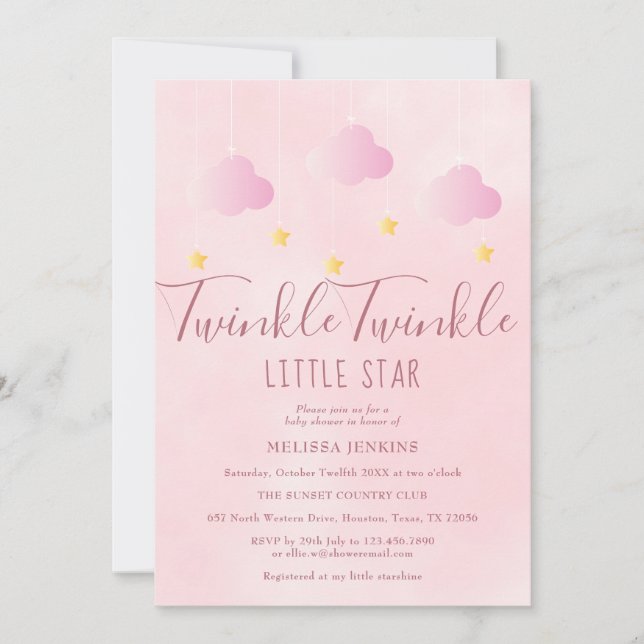 Invitation Faire Twinkle Little Star Baby Shower Fille Rose (Devant)