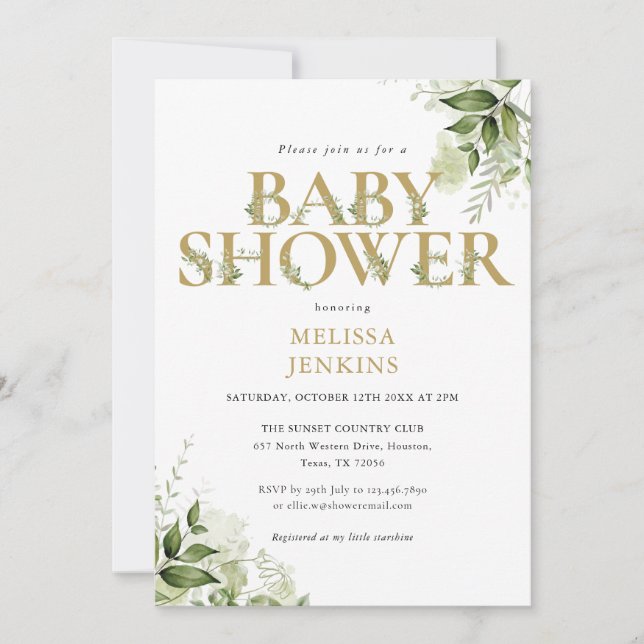 Invitation Faire verdure feuillage lettre dorée Baby Shower (Devant)