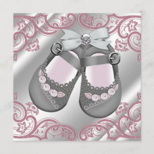 Invitation Faireparts de Baby Shower Fille Rose Gris avec des