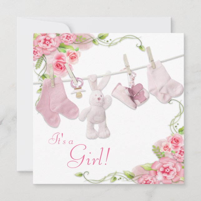 Invitation Faireparts de douche pour bébé fille Rose Rose (Devant)