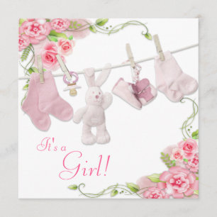 Invitation Faireparts de douche pour bébé fille Rose Rose