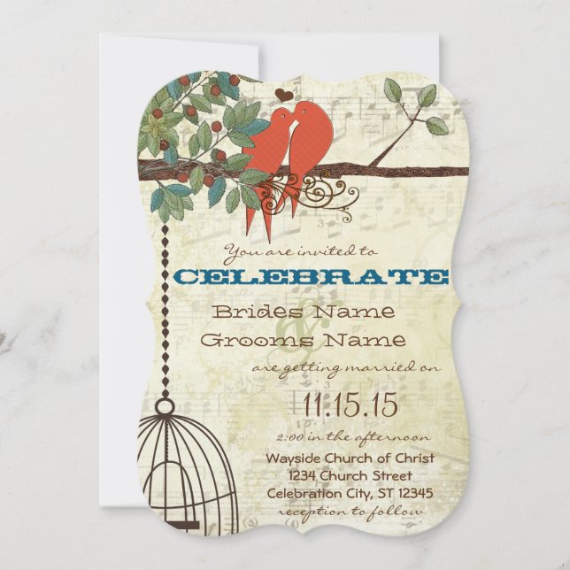 Invitation Faireparts de mariage Oiseaux d'amour sarcelle per (Devant)