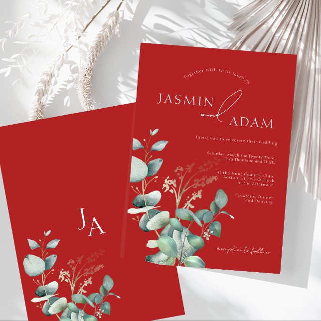 Invitation Faireur de mariage élégant au eucalyptus rouge mon (Crimson Red Eucalyptus Greenery Monogram Wedding Invitation)