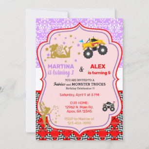 Invitation Fairy and monster trucks frères et soeurs annivers