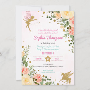 Invitation Fairy And Unicorn Floral Gold Parties scintillant 