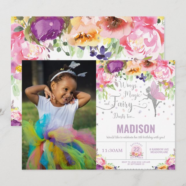 Invitation Fairy Bird'Bird Purple Florve Silver Parties scint (Devant / Derrière)