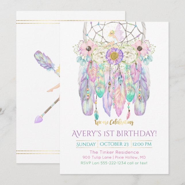 Invitation Fairy Dream Catcher Boho Feathers Flèches (Devant / Derrière)