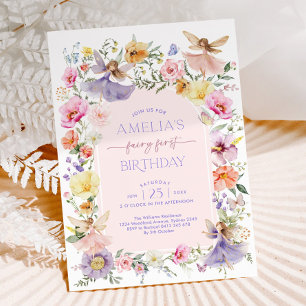 Invitation Fairy First Birday Cute Floral Garden Fairies 1 s