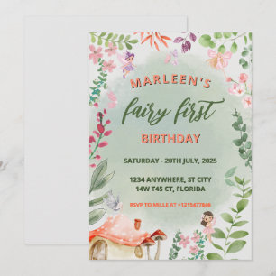 Invitation Fairy First Birday Forest Aquarelle Champagne