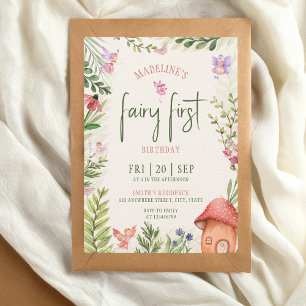 Invitation Fairy First Birday Forest Aquarelle Champagne