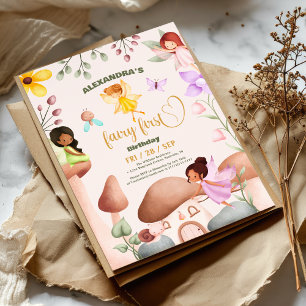 Invitation Fairy First Birday Forest Aquarelle Champagne