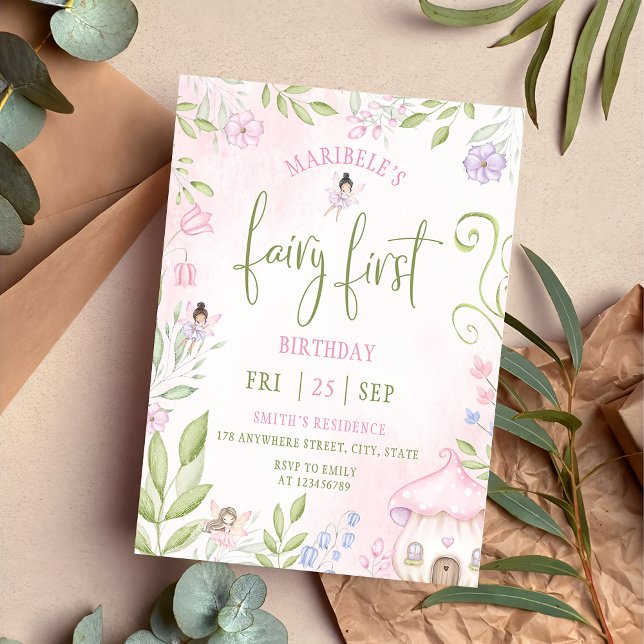 Invitation Fairy First Birday Forest Aquarelle Champagne (Créateur téléchargé)