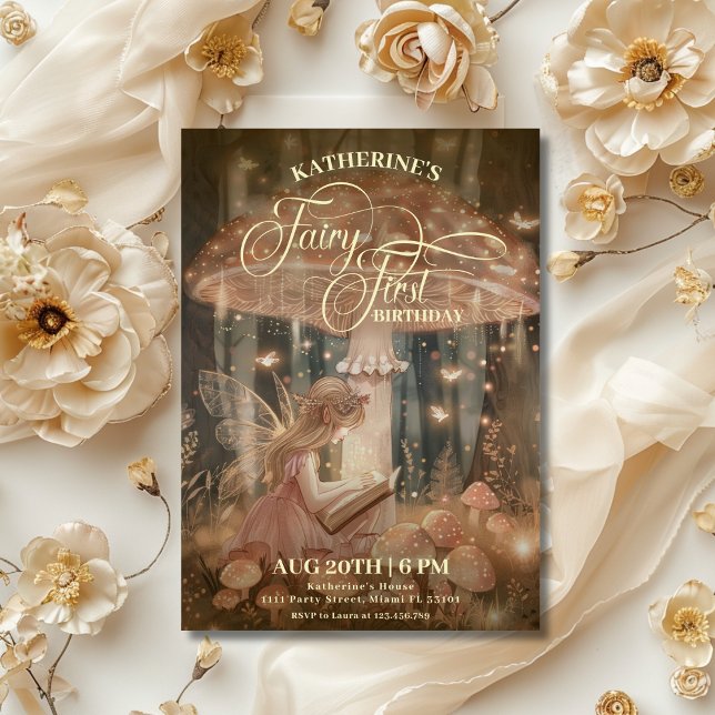 Invitation Fairy First Birthday Forest Champignons Whimsical (Créateur téléchargé)